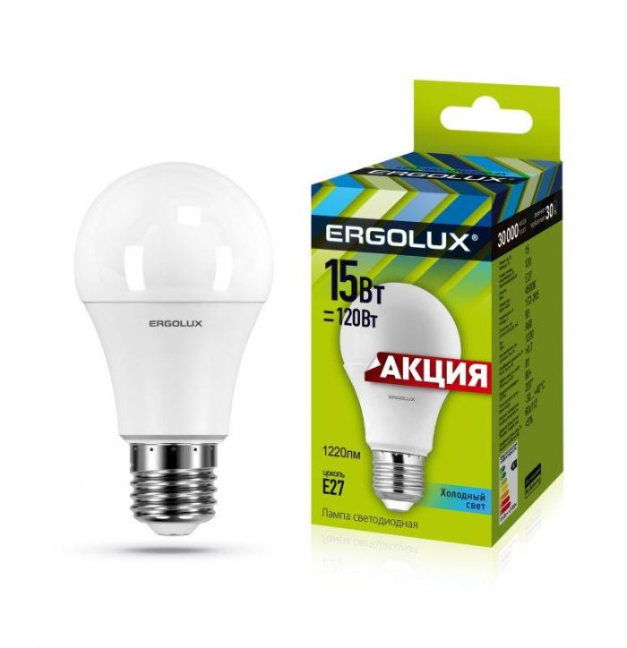 Лампа светодиодная LED-A60-15W-E27-4K "ПРОМО" ЛОН 15Вт E27 4500К 220-240В Ergolux 13638