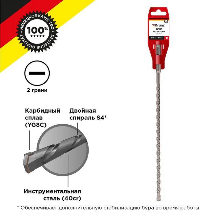 Бур по бетону 10х300мм SDS PLUS Kranz KR-91-0026